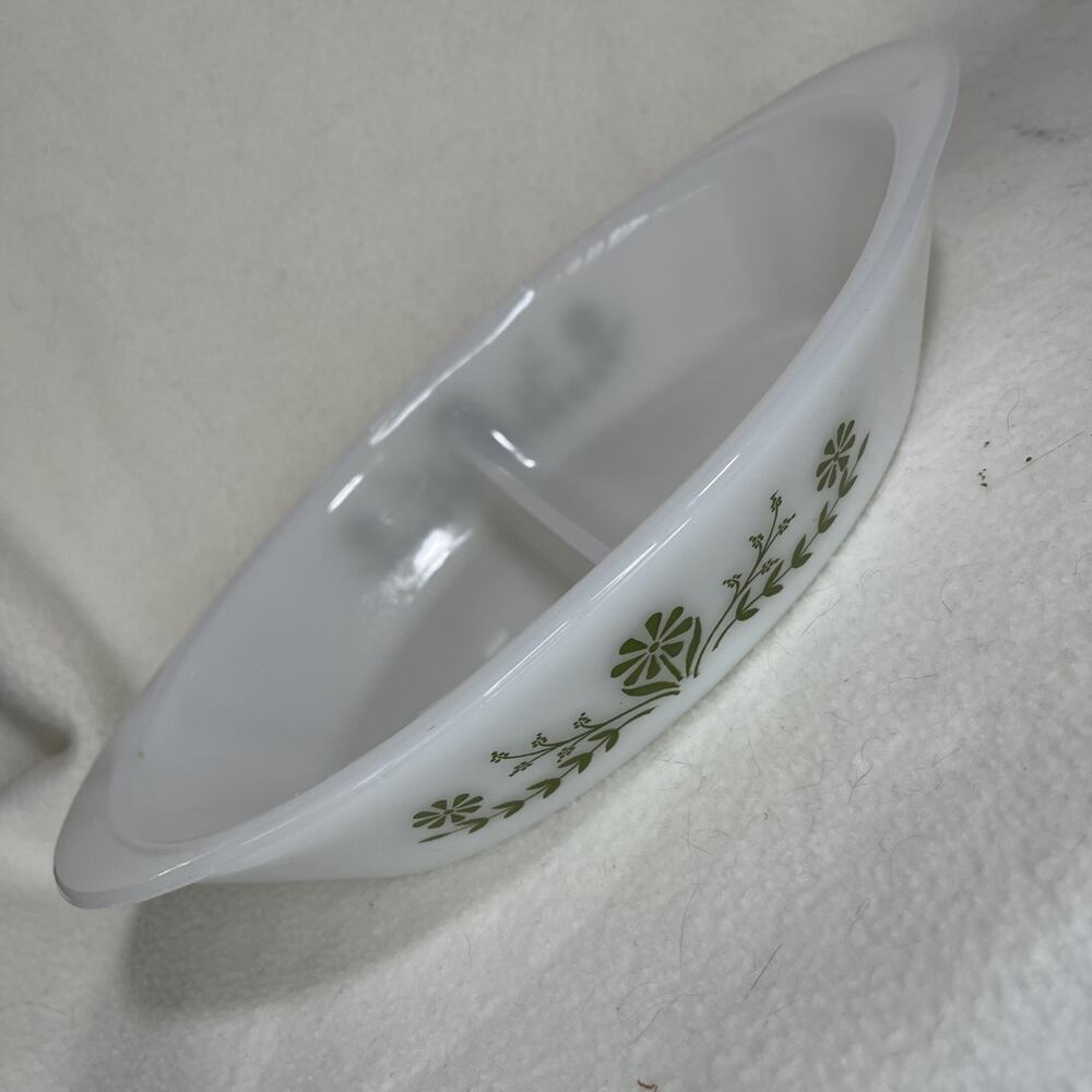 12" Vintage Glasbake Pyrex oval divided serving dish with Green Daisy Print